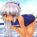  3.1-tan bent_over blush child dd_(ijigendd) hair_ribbon long_hair ocean one-piece_swimsuit os-tan pink_eyes ribbon school_swimsuit silver_hair solo swimsuit 