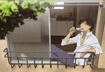  absurdres artist_request black_eyes black_hair darker_than_black eating food from_outside hei highres ice_cream male_focus sitting_in_window solo through_window window 
