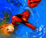  1ichi bangs blue_eyes bodysuit breasts cowboy_shot dutch_angle from_above hair_between_eyes hair_ornament hair_spread_out lips long_hair looking_to_the_side lying neon_genesis_evangelion orange_hair parted_lips partially_submerged pilot_suit plugsuit ripples skinny small_breasts solo souryuu_asuka_langley turtleneck water 