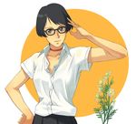  black_hair bob_cut choker freckles glasses hands heterochromia minami_(yuumi_kirio) original short_hair solo unbuttoned 