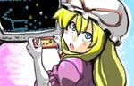  blonde_hair blue_eyes bokosuka_wars famicom game_console gloves looking_back open_mouth playing_games sketch solo television touhou tsuki_wani video_game yakumo_yukari 