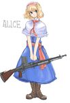  alice_margatroid blonde_hair blue_eyes boots character_name gun hairband highres machine_gun michael-x short_hair solo touhou weapon zb_26 