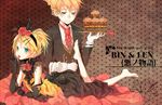  1girl aku_no_musume_(vocaloid) allen_avadonia barefoot blonde_hair blue_eyes brother_and_sister cherry cupcake draa dress elbow_gloves evillious_nendaiki feet flower food fruit gloves hair_ornament hairband hairclip kagamine_len kagamine_rin lying mouth_hold on_stomach ponytail riliane_lucifen_d'autriche rose short_hair siblings tray twins vocaloid 