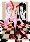  bad_id bad_pixiv_id bangs black_hair blue_eyes checkered checkered_floor long_hair multiple_girls necktie original perspective pink_hair pink_legwear red_eyes ribbon shirt shoes skirt sleeveless sleeveless_shirt sneakers symmetrical_hand_pose thighhighs ushi_(ushi_manji) zettai_ryouiki 