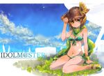  bikini blush breasts brown_hair day front-tie_top green_scarf hagiwara_yukiho hat idolmaster idolmaster_(classic) kneeling medium_breasts omega.ep scarf side-tie_bikini solo straw_hat sweat swimsuit underboob yellow_eyes 