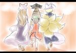  blonde_hair brown_hair chen dress from_behind grey_hair hat hat_ribbon long_hair long_sleeves multiple_girls multiple_tails pillow_hat reon_(saikyou) ribbon shoes short_hair socks stairs tail tassel touhou wide_sleeves yakumo_ran yakumo_yukari 