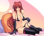  bed bonten_karasu bra breasts curvy elbow_gloves gloves kousaka_tamaki large_breasts panties red_eyes red_hair side-tie_panties solo thighhighs to_heart_2 underwear underwear_only 