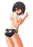  amagami ass back bare_back black_hair blush brown_eyes competition_swimsuit covering covering_breasts cowboy_shot from_side looking_back nanasaki_ai one-piece_swimsuit one-piece_tan sasaki_akira_(ugc) shiny shiny_clothes short_hair simple_background solo swimsuit swimsuit_pull tan tanline undressing white_background 