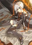  bare_shoulders black_legwear boots fingerless_gloves gloves grey_eyes hands highres laces legs lips minigirl original personification shimotsuki_eight shoes short_hair sneakers solo thighhighs white_hair 