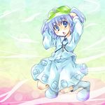  arms_up highres kawashiro_nitori rainbow_background solo squatting togashi_yuu touhou two_side_up 