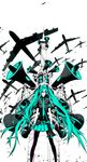  absurdres aircraft airplane aqua_eyes aqua_hair b-52_stratofortress bomber gloves hair_over_one_eye hatsune_miku highres koi_wa_sensou_(vocaloid) legs long_hair megaphone military military_vehicle miwa_shirou pantyhose skirt solo speaker tower twintails very_long_hair vocaloid 