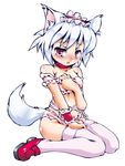  animal_ears blush headdress inubashiri_momiji kneeling midriff navel pink_legwear red_eyes short_hair silver_hair solo sukiyo tail thighhighs touhou wolf_ears wolf_tail 