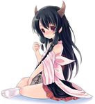  alcohol bad_id bad_pixiv_id black_hair blush cup detached_sleeves horns japanese_clothes long_hair mikazukimo naga_(staygarden) red_eyes ryuujin_naga sake sitting socks solo tabi 