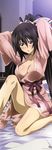  :o absurdres adjusting_hair arms_up bare_legs black_hair blue_eyes blush breasts cleavage collarbone hair_ribbon half-closed_eyes highres infinite_stratos japanese_clothes kimono knee_up large_breasts long_hair parted_lips ponytail ribbon shinonono_houki sitting tying_hair very_long_hair yukata 