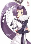  black_gloves blush character_name covering_mouth dress fan folding_fan gloves hatsuharu_(kantai_collection) kantai_collection kuhotaka long_hair looking_at_viewer ponytail purple_eyes purple_hair sailor_dress shide short_eyebrows simple_background solo upper_body very_long_hair white_background 