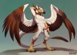 2018 abs anthro avery_(ozawk) avian balls beak bird brown_feathers claws digital_media_(artwork) dragon eastern_dragon egyptian_vulture erection feathered_wings feathers hi_res humanoid_penis hybrid looking_at_viewer male muscular muscular_male nawka nude pecs penis pose precum presenting signature simple_background smile solo standing tail_tuft talons tuft vulture white_balls white_feathers wings 