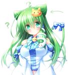  ? ahoge animal_ears bare_shoulders blush cat_ears cat_hair_ornament cat_tail detached_sleeves frog_hair_ornament green_eyes green_hair hair_ornament kochiya_sanae long_hair osashin_(osada) snake solo tail touhou 