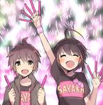  1girl :d ^_^ ahoge arm_up bad_id bad_pixiv_id bangs black_hair blush bow brother_and_sister closed_eyes clothes_writing danganronpa dual_wielding glowing glowstick grey_eyes grey_hair happy holding looking_at_viewer mizuki_(koko_lost) naegi_komaru naegi_makoto open_clothes open_mouth shirt short_hair short_sleeves siblings smile t-shirt upper_body wristband zettai_zetsubou_shoujo 