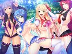  4girls blonde_hair blue_eyes blue_hair breasts censored double_bun forest game_cg happy highres huge_breasts ishii_akira large_breasts legs long_hair looking_at_viewer mahou_kishi_pure_knights multiple_girls nature navel pink_eyes pink_hair purple_eyes purple_hair pussy pussy_juice short_hair skimpy skirt smile standing thighs tree trees wet yellow_eyes 