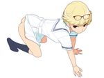  all_fours ass blonde_hair blue_eyes dress eyewear_on_head glasses highres ino looking_up no_panties otome_function pose sailor_dress school_uniform serafuku short_hair simple_background socks solo tatiana_vasilievna_stalina 