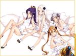  4girls :d achilles_(eiyuu_senki) armlet bare_legs bare_shoulders between_thighs blue_eyes blush brown_hair double_bun dress eiyuu_senki flat_chest green_eyes hair_between_eyes hair_ornament highres jiang_ziya_(eiyuu_senki) leg_up looking_at_viewer lying minamoto_no_yoshitsune_(eiyuu_senki) multiple_girls on_back ooyari_ashito open_mouth ponytail purple_eyes purple_hair short_dress silver_hair sitting smile socks thighhighs twintails vlad_tepes_(eiyuu_senki) white_dress white_hair white_legwear yellow_eyes 