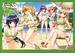  :d absurdres ass ball bandeau beach beach_umbrella beachball bikini blonde_hair blue_eyes blue_hair blush border breasts brown_hair cleavage drinking_straw einhart_stratos frilled_bikini frills fujima_takuya green_bikini green_border green_eyes grey_hair grin hands_on_hips harry_tribeca highres holding_hands juice_box kneeling large_breasts leaning_forward looking_at_viewer lyrical_nanoha mahou_shoujo_lyrical_nanoha_vivid micaiah_chevelle miura_rinaldi multiple_girls navel o-ring o-ring_top one_eye_closed open_mouth ponytail purple_eyes red_hair scan shiny shiny_skin side_ponytail sitting smile striped striped_bikini striped_swimsuit swimsuit thigh_gap twintails umbrella victoria_dahlgrun vivio 