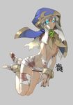  absurdres anklet bandages barefoot bdsm blood blue_eyes bondage bound breasts cuffs glowing glowing_eyes handcuffs highres hood jewelry lamian_(pixiv415608) long_hair looking_at_viewer nail_polish navel original silver_hair skull small_breasts solo topless 