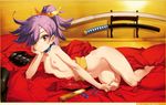  alcohol areolae arm_support breasts closed_mouth collarbone date_masamune_(eiyuu_senki) eiyuu_senki eyepatch hair_over_one_eye hand_on_own_cheek headpiece highres looking_at_viewer lying navel nipples nude on_side ooyari_ashito petite purple_hair sake small_breasts smile solo sword sword_hilt weapon wooden_sword yellow_eyes 