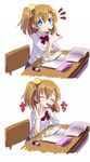  2koma ^_^ blue_eyes blush book brown_hair chair closed_eyes comic desk doodle eraser hair_ribbon holding kousaka_honoka long_hair looking_at_viewer love_live! love_live!_school_idol_project mechanical_pencil mouth_hold neck_ribbon notebook one_side_up open_book otonokizaka_school_uniform pencil ribbon school_desk school_uniform shipii_(jigglypuff) simple_background sitting sleeves_pushed_up waving white_background yellow_ribbon 