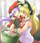  animal_costume animal_ears arm_grab blonde_hair cleavage_cutout cloak cosplay hairband hood hooded_cloak kemonomimi_mode little_red_riding_hood long_hair looking_at_another multiple_girls nise_nanatsura pleated_skirt purple_eyes purple_hair red_skirt shirt skirt sleeveless sleeveless_shirt tsurumaki_maki twintails vocaloid voiceroid wavy_mouth white_shirt wolf_costume wolf_ears yellow_eyes yuzuki_yukari 