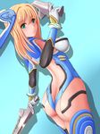  1girl alternate_hairstyle armor ass back blonde_hair blush breasts butt_crack cyborg dual_wielding elbow_gloves fiorun from_behind gloves green_eyes hiro_(hankakudouga) light_smile long_hair looking_at_viewer looking_back mecha_musume revealing_clothes shadow sideboob smile solo standing super_smash_bros. sword weapon what_if xenoblade 