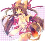  animal_ears bell blurry blush brown_hair depth_of_field foreshortening fox_ears green_eyes jingle_bell long_hair looking_at_viewer monaka_natsume original solo thighhighs very_long_hair 