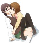  black_legwear brown_eyes brown_hair glasses hair_ornament hairclip heart highres hirasawa_yui hug k-on! kagiana kneehighs looking_at_viewer manabe_nodoka multiple_girls neck_ribbon one_eye_closed pantyhose red-framed_eyewear ribbon shirt short_hair skirt sweater_vest white_background white_legwear white_shirt yuri 