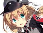  anchor_hair_ornament black_ribbon blonde_hair blue_eyes blush face hair_ornament hair_ribbon hat iron_cross kantai_collection long_hair long_sleeves military military_uniform open_mouth peaked_cap prinz_eugen_(kantai_collection) ribbon simple_background solo takanashi_haruto twintails twitter_username uniform upper_body white_background 
