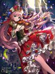  bow_(instrument) capelet castle green_eyes headdress highres instrument jewelry leaf legend_of_the_cryptids long_hair long_sleeves night pink_hair skirt smile solo tob veil violin 