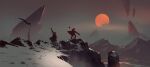 2others absurdres ambiguous_gender ball brown_background cape commentary english_commentary flag floating from_side highres holding holding_weapon kalmahul mountain multiple_others original red_sun river scenery science_fiction snow standing sun water weapon 