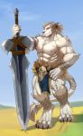  2018 abs anthro biceps claws clothed clothing fliegen80s fur hair male mammal melee_weapon muscular muscular_male pecs simple_background sword topless weapon white_fur 