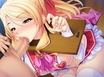  blonde_hair blush breasts censored elbow_gloves fellatio game_cg gloves heart_pasties highres ishii_akira large_breasts legs long_hair mahou_kishi_pure_knights oral pasties penis pillory sitting skirt standing thighs white_legwear yellow_eyes 