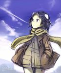  :o animal_ears artist_name black_hair blue_sky blush brave_witches cloud day dog_ears extra_ears hands_in_pockets izuoku jacket kanno_naoe long_sleeves open_mouth overalls purple_eyes scarf short_hair sky solo world_witches_series 