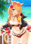  1girl ;d animal_ears ass_visible_through_thighs avatar_(ff14) bikini black_jacket blonde_hair blue_eyes braid breasts cat_ears cat_girl cat_tail cleavage commission cowboy_shot cup drinking_glass eyewear_on_head facial_mark final_fantasy final_fantasy_xiv flower hair_flower hair_ornament heart heart-shaped_eyewear highres holding hood hood_down hooded_jacket jacket jewelry kaiyoko_star long_hair long_sleeves looking_at_viewer medium_breasts miqo&#039;te mole mole_under_eye multi-strapped_bikini navel necklace off_shoulder one_eye_closed open_clothes open_jacket open_mouth red_bikini skeb_commission smile solo stomach string_bikini sunglasses swimsuit tail thigh_strap thighs twin_braids twintails umeyuki 