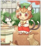  animal_ears bow brown_hair cat cat_ears cat_tail chen commentary dress drooling ear_piercing fish grill grilling hat ibaraki_natou jewelry long_sleeves mob_cap multiple_tails nekomata open_mouth piercing red_dress red_eyes shichirin shirt single_earring smile solo squatting staring tail touhou 