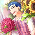  apron blue_hair bouquet fate/hollow_ataraxia fate_(series) flower lancer long_hair male_focus misoiri_(gokutsubushi) ponytail red_eyes solo sunflower 