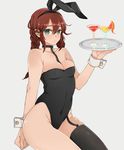  animal_ears braid brown_hair bunny_ears bunnysuit choker covered_navel drink garter_straps glass goblet green_eyes kantai_collection long_hair noshiro_(kantai_collection) oniku_(oishii_oniku) single_thighhigh solo thighhighs tray twin_braids twintails wrist_cuffs 