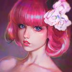  anastasia_ditmar bangs bare_shoulders blue_eyes blunt_bangs face flower hair_flower hair_ornament ilya_kuvshinov lips lipstick looking_at_viewer makeup parted_lips pink_hair portrait real_life realistic rose short_hair simple_background solo white_flower white_rose 