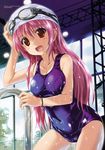  :d absurdres brown_eyes copyright_request goggles goggles_on_head happy hat highres komatsu_eiji long_hair non-web_source one-piece_swimsuit open_mouth pink_hair school_swimsuit smile solo swim_cap swimsuit 