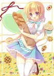  :d apron bad_id bad_pixiv_id bag baguette blonde_hair bow bowtie bread carrying cookie cupcake floral_background food grey_eyes heart koubeya_uniform long_hair looking_at_viewer low_twintails open_mouth original paper_bag plaid plaid_apron smile solo sumisaki_yuzuna thighhighs twintails waffle white_legwear 