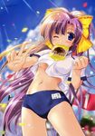  ;3 absurdres bread_eating_race breasts buruma confetti copyright_request crop_top crop_top_overhang day flag food highres komatsu_eiji long_hair medium_breasts midriff mouth_hold navel non-web_source numbered_flag one_eye_closed purple_hair sky solo sports_festival underboob underwear very_long_hair 
