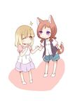  &gt;:) ;o animal_ears bad_id bad_twitter_id blonde_hair blush couple fox fox_ears fud fukuji_mihoko full_body holding holding_hands kemonomimi_mode multiple_girls one_eye_closed parted_lips red_hair saki school_uniform short_hair shorts simple_background smile standing tail takei_hisa v-shaped_eyebrows white_background yuri 