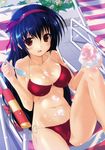  absurdres bikini blue_hair blush breasts cameltoe chair cleavage copyright_request hairband highres komatsu_eiji large_breasts long_hair looking_at_viewer lounge_chair navel non-web_source open_mouth red_eyes shaved_ice shiny shiny_skin side-tie_bikini solo strap_gap swimsuit 