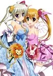  :d absurdres asteion blonde_hair blue_eyes blush breasts cleavage dress einhart_stratos elbow_gloves flower fujima_takuya gloves green_eyes green_hair hair_flower hair_ornament heterochromia highres lyrical_nanoha mahou_shoujo_lyrical_nanoha_vivid medium_breasts moire multiple_girls official_art older open_mouth purple_eyes red_eyes sacred_heart scan side_ponytail smile thighhighs vivio white_legwear 